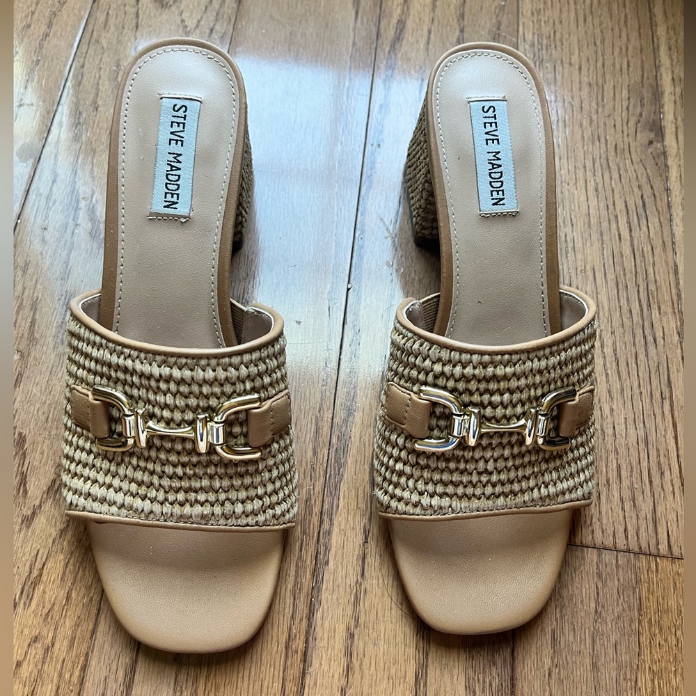 Steve Madden Tan and Cream Woven Heeled Sandals